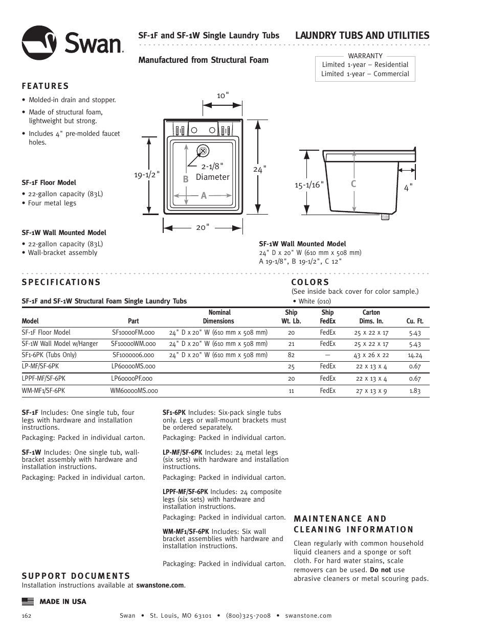 Swanstone SF-1W - Specification User Manual | 1 page