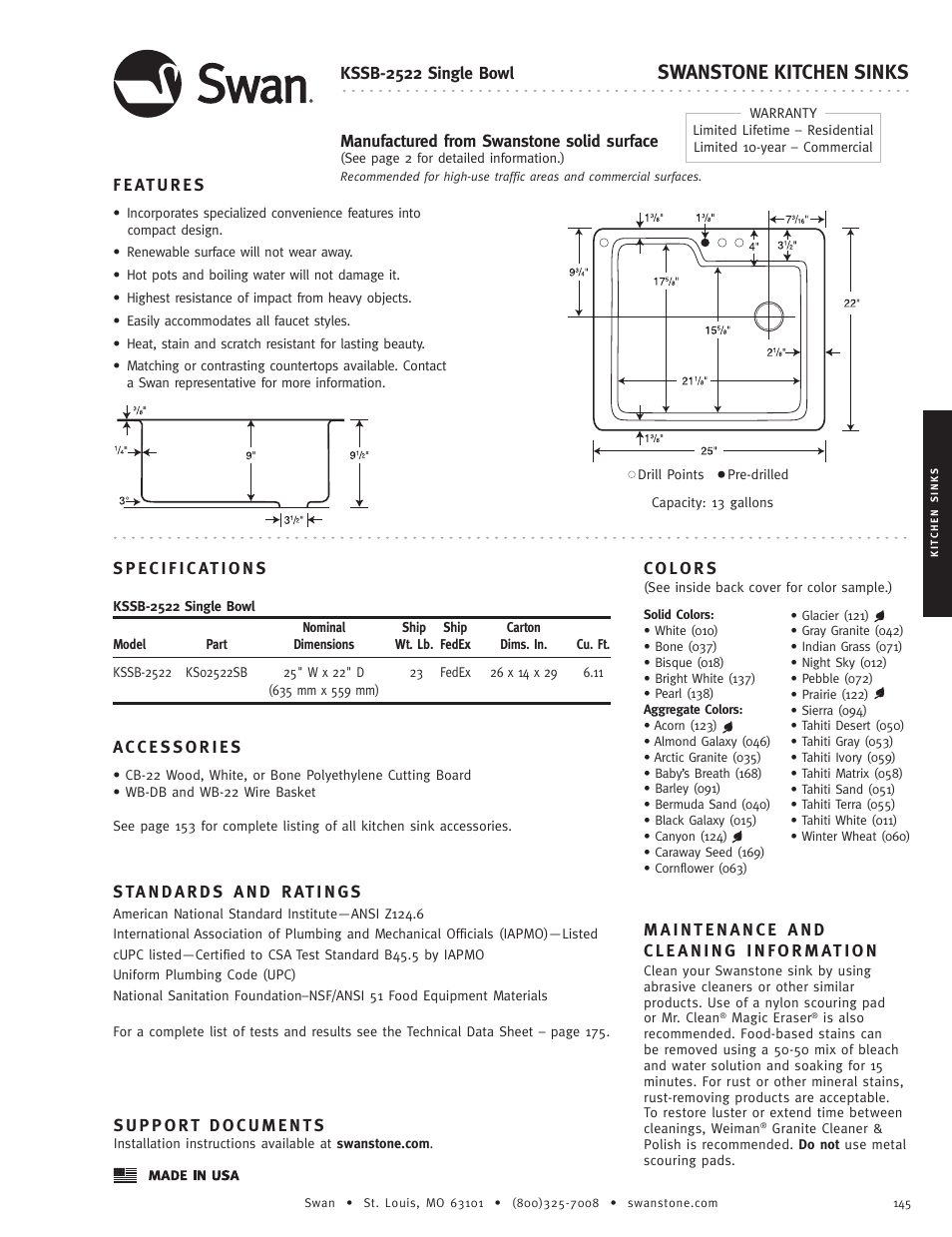 Swanstone KSSB-2522 - Specification User Manual | 1 page