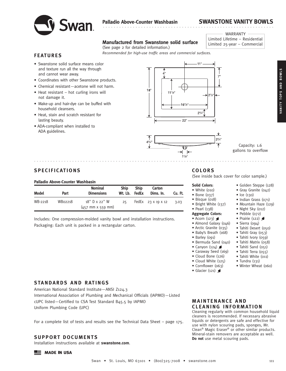 Swanstone WB-2218 - Specification User Manual | 1 page