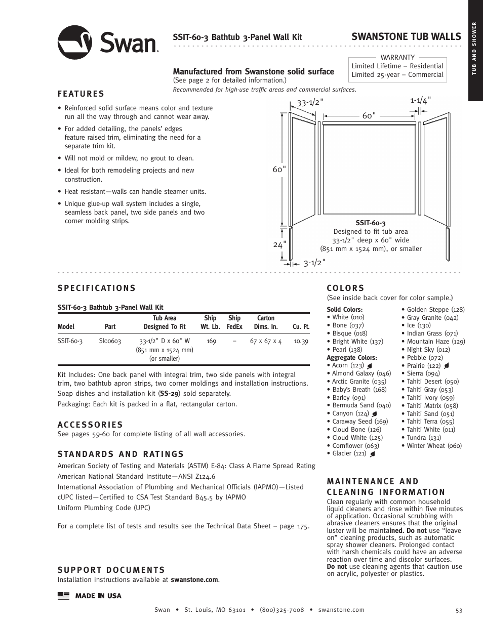 Swanstone SSIT-60-3 - Specification User Manual | 1 page