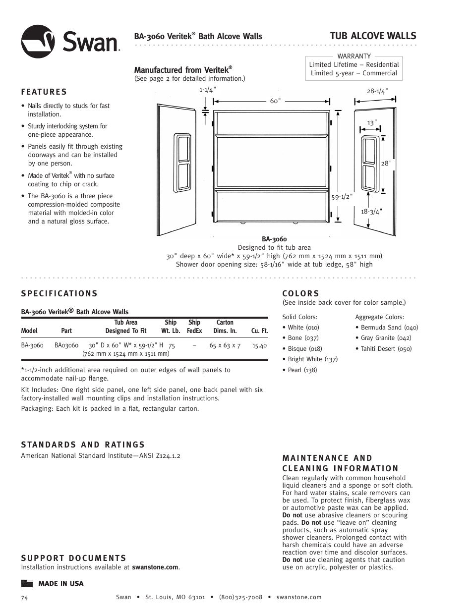 Swanstone BA-3060 - Specification User Manual | 1 page