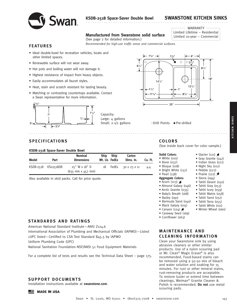 Swanstone KSDB-2518 - Specification User Manual | 1 page