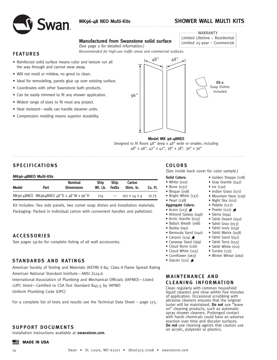 Swanstone MK96-48NEO - Specification User Manual | 1 page