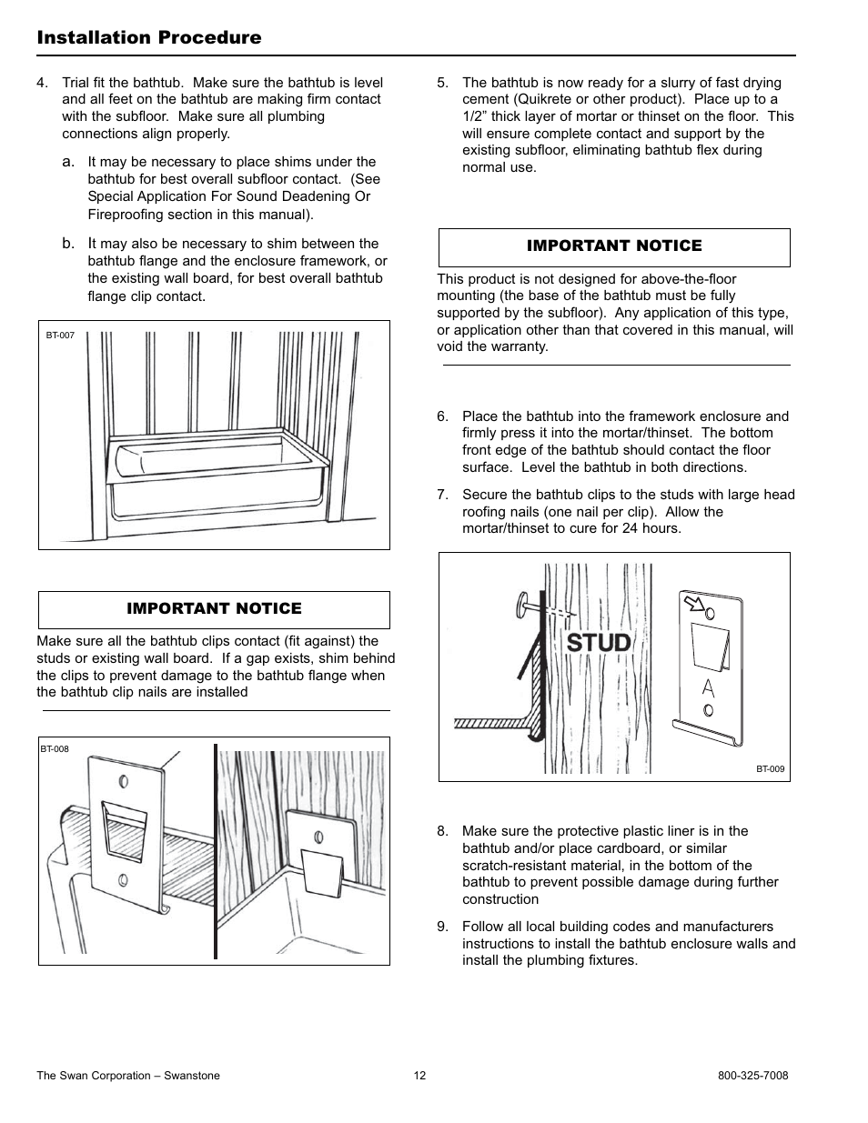 Installation procedure | Swanstone BT-3060L_R - Installation User Manual | Page 12 / 16