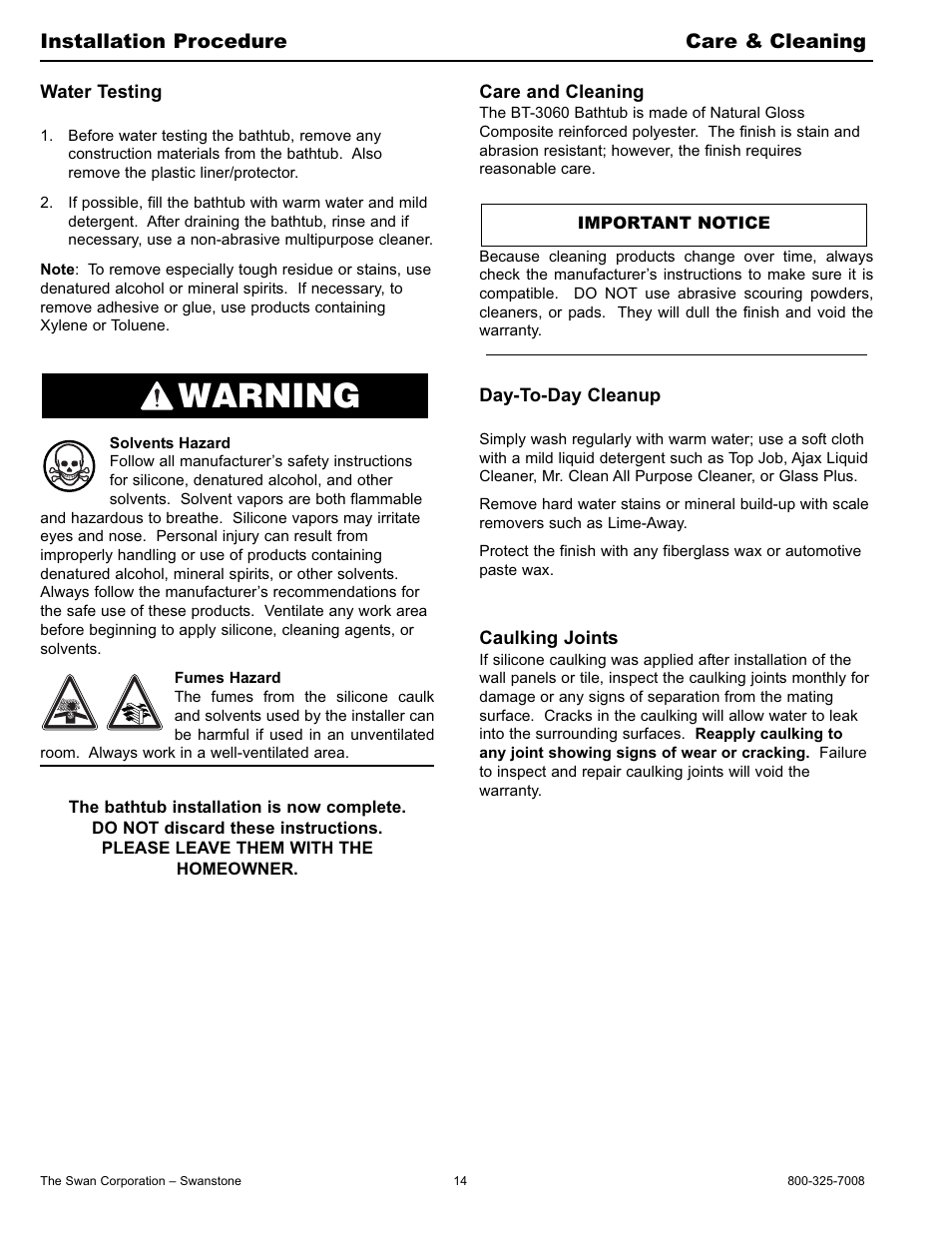 Warning, Installation procedure care & cleaning | Swanstone BT-3060L_R - Installation User Manual | Page 14 / 16