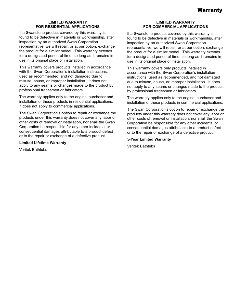 Warranty | Swanstone BT-3060L_R - Installation User Manual | Page 15 / 16