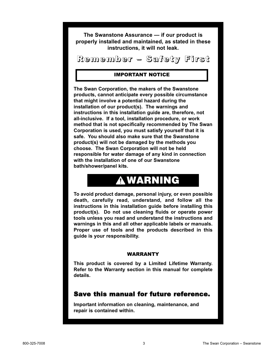 Warning | Swanstone BT-3060L_R - Installation User Manual | Page 3 / 16