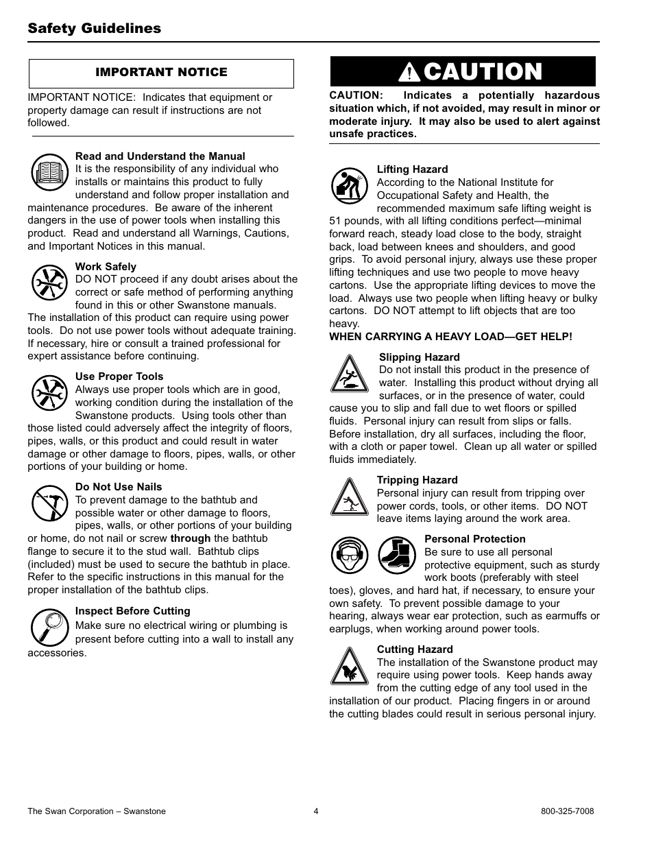 Caution, Safety guidelines | Swanstone BT-3060L_R - Installation User Manual | Page 4 / 16