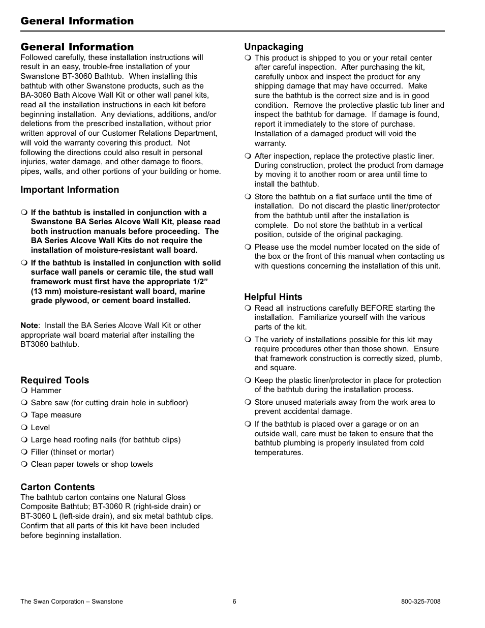 General information | Swanstone BT-3060L_R - Installation User Manual | Page 6 / 16