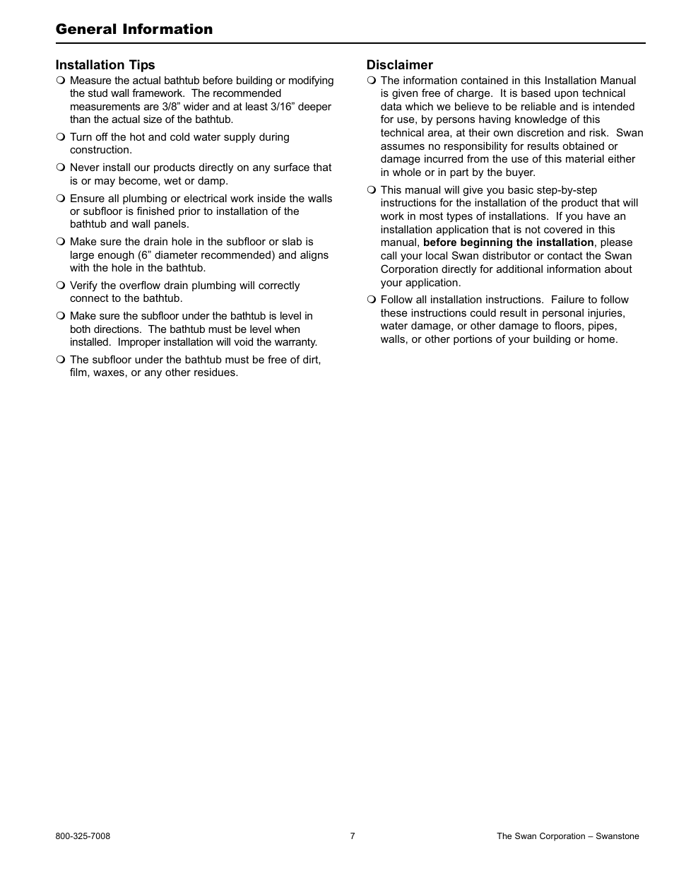 General information | Swanstone BT-3060L_R - Installation User Manual | Page 7 / 16