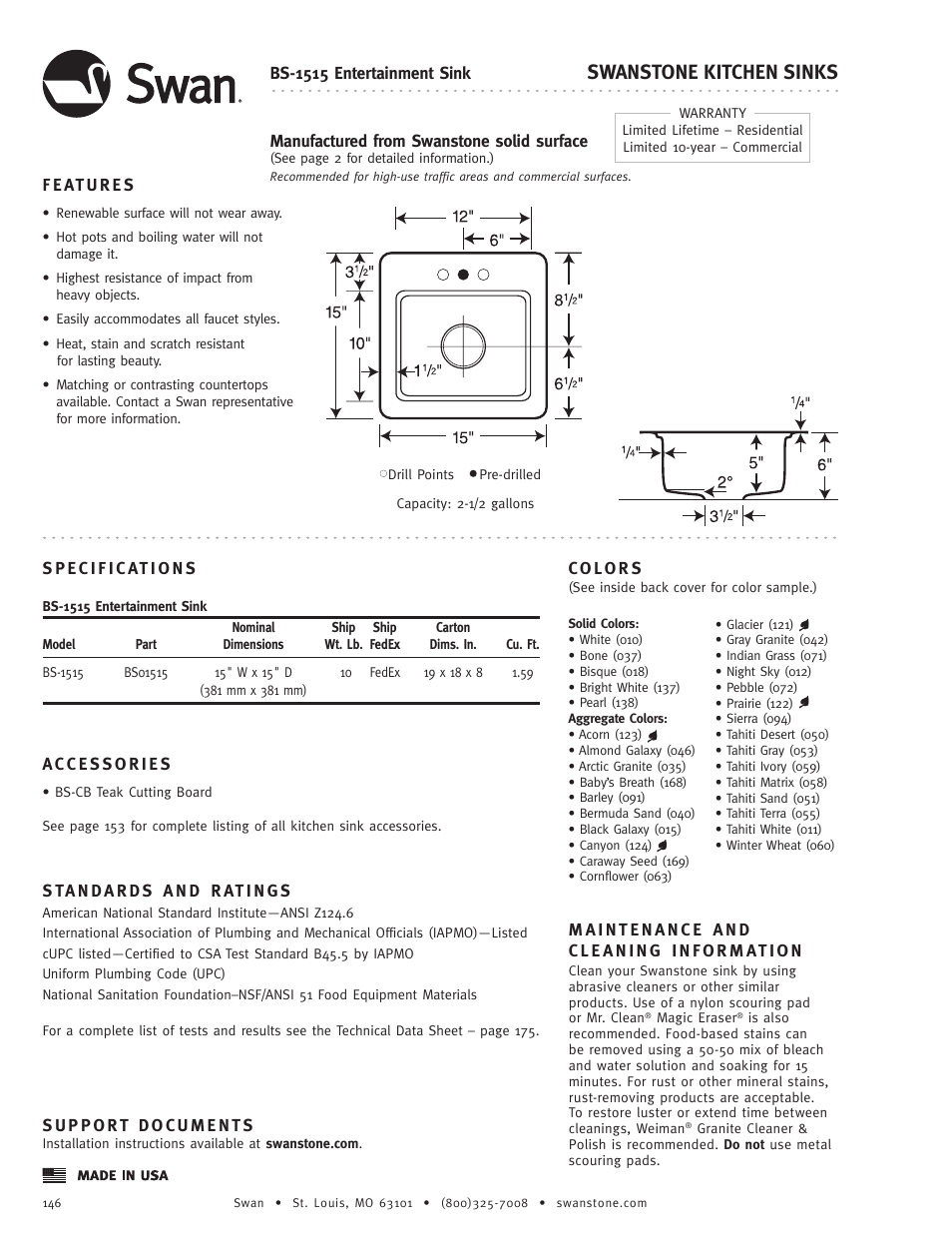 Swanstone BS-1515 - Specification User Manual | 1 page