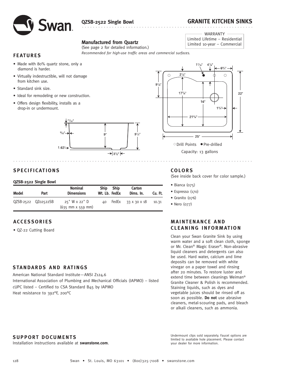 Swanstone QZSB-2522 - Specification User Manual | 1 page