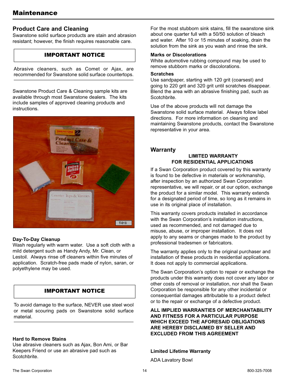 Maintenance | Swanstone ULAD-1913 - Installation User Manual | Page 14 / 16