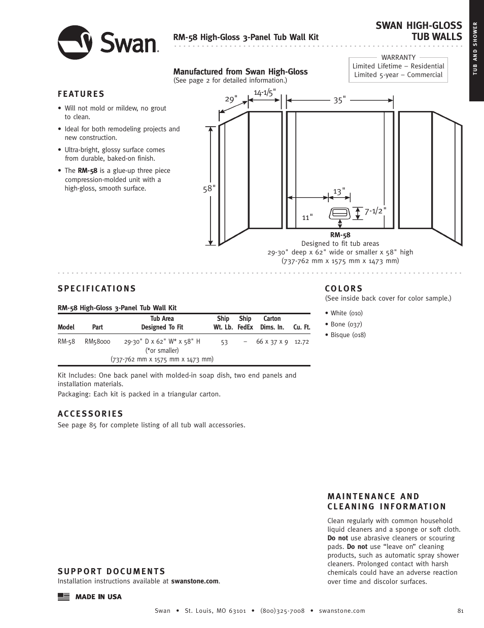 Swanstone RM-58 - Specification User Manual | 1 page