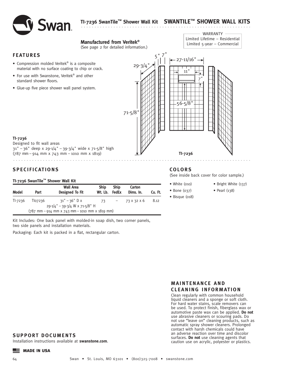 Swanstone TI-7236 - Specification User Manual | 1 page