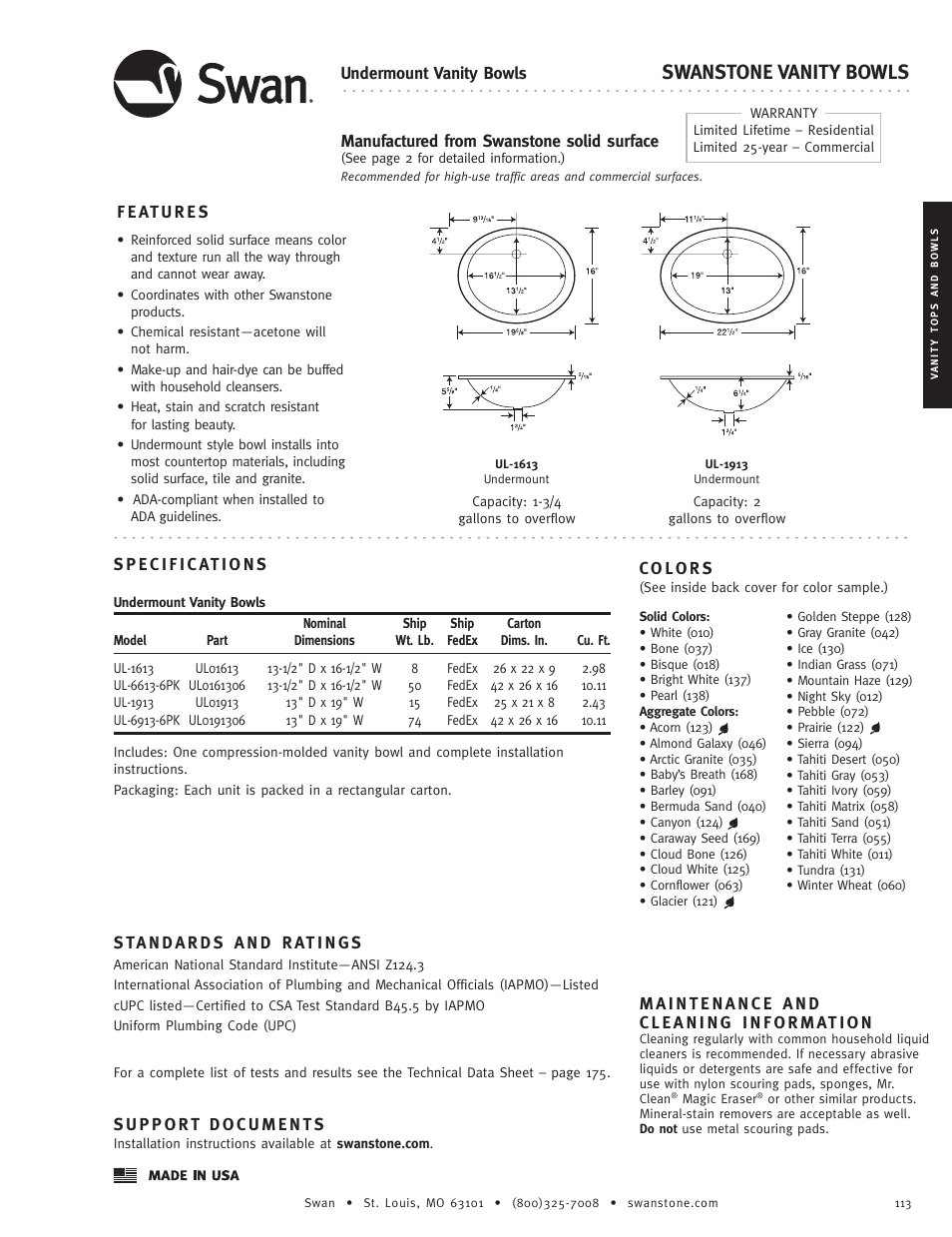 Swanstone UL-1913 - Specification User Manual | 1 page