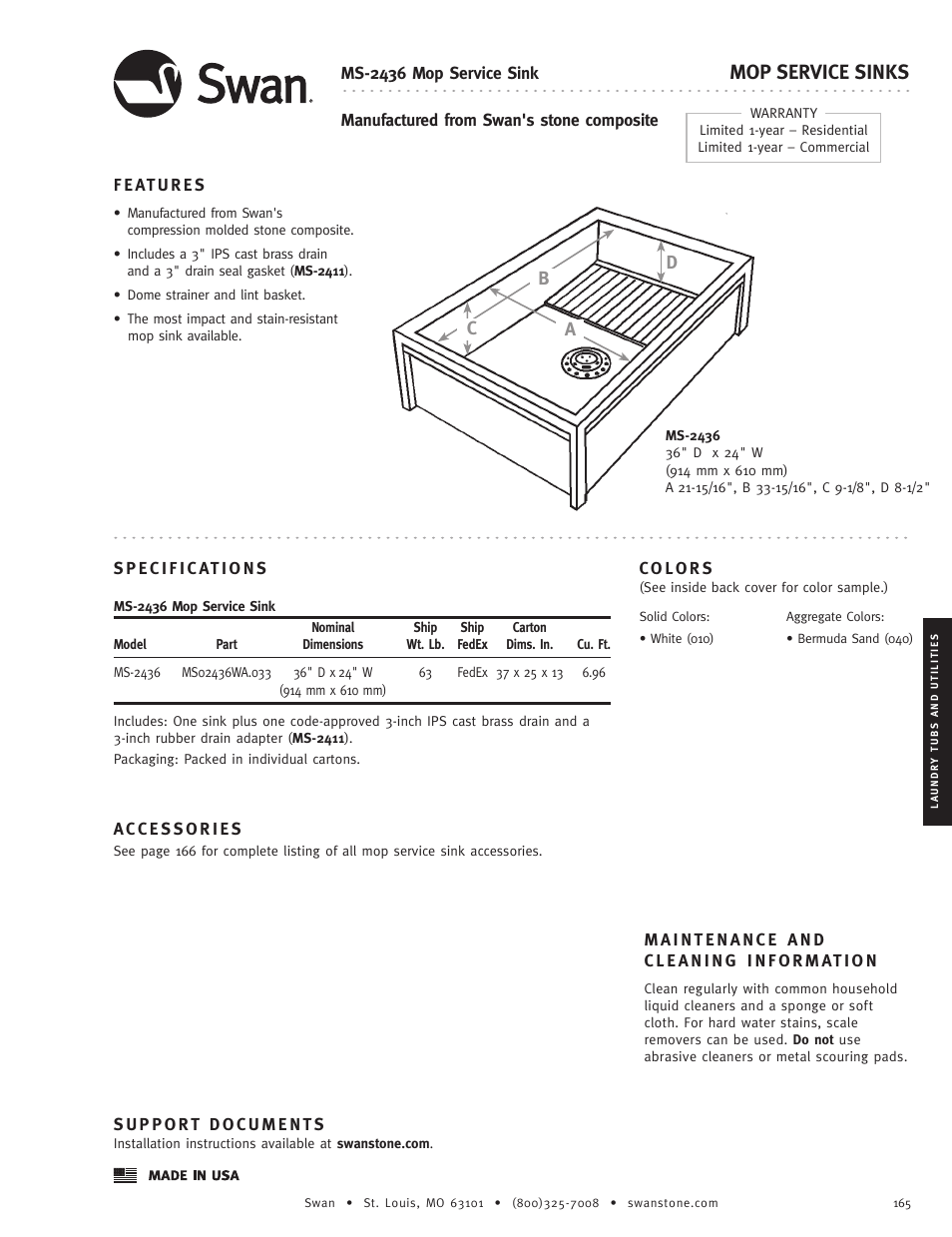 Swanstone MS-2436 - Specification User Manual | 1 page