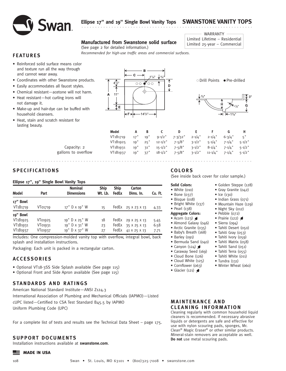 Swanstone VT1B-19xx - Specification User Manual | 1 page