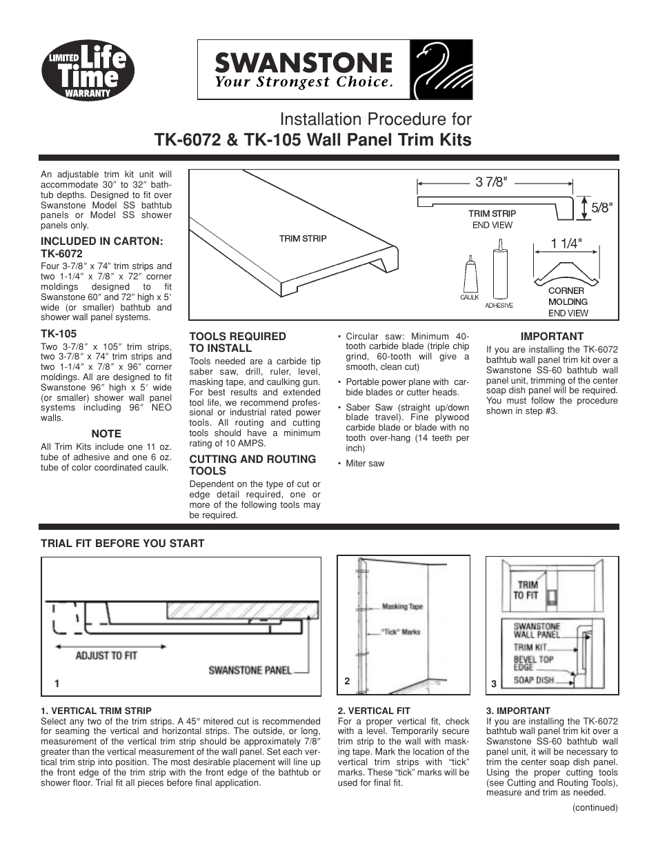 Swanstone TK-6072 - Installation User Manual | 2 pages