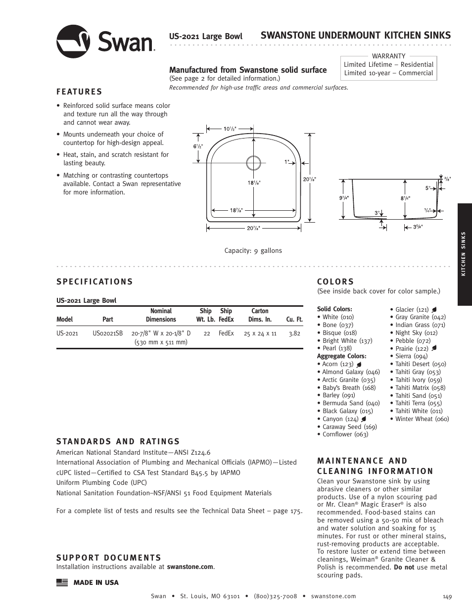 Swanstone US-2021 - Specification User Manual | 1 page