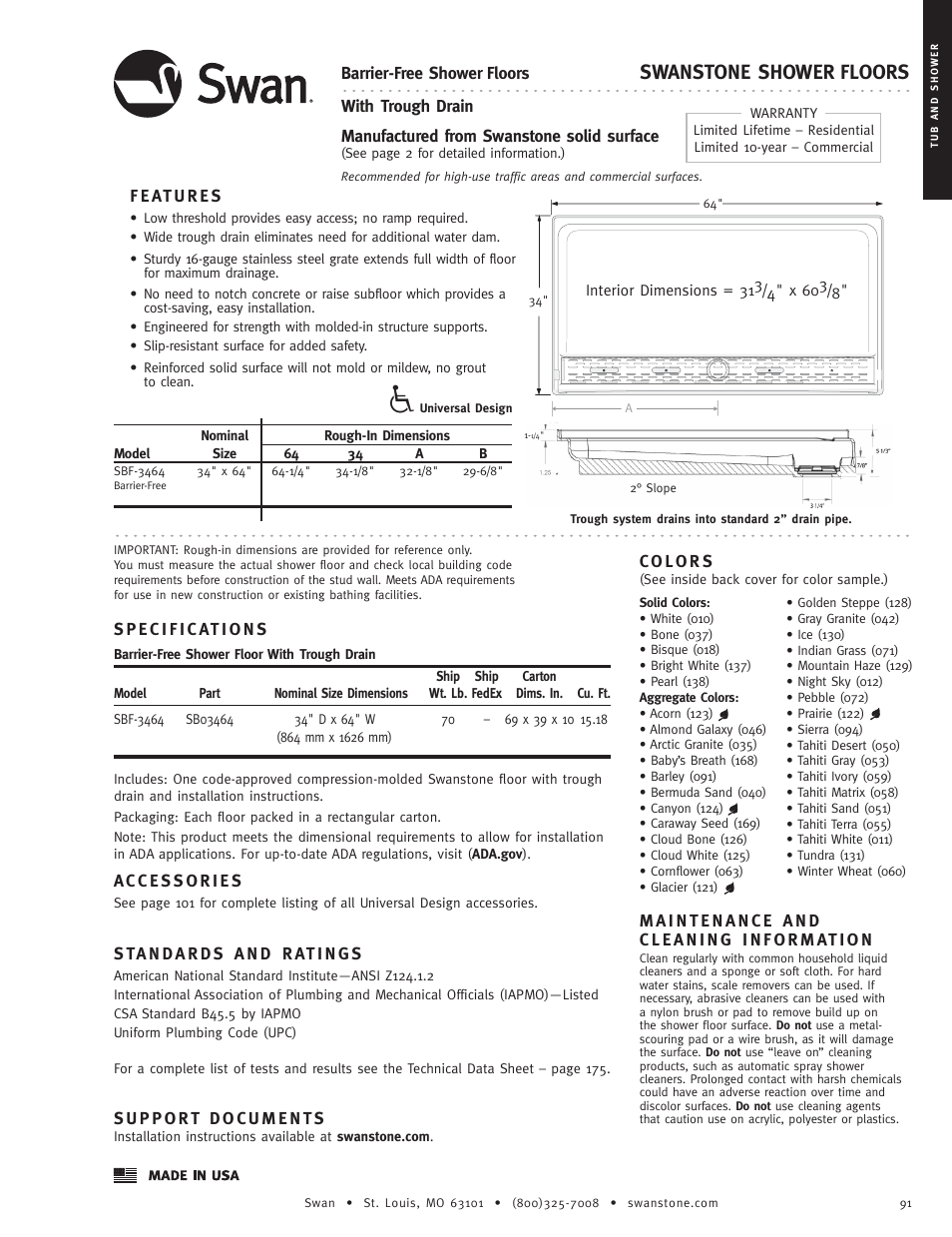 Swanstone SBF-3464 - Specification User Manual | 1 page