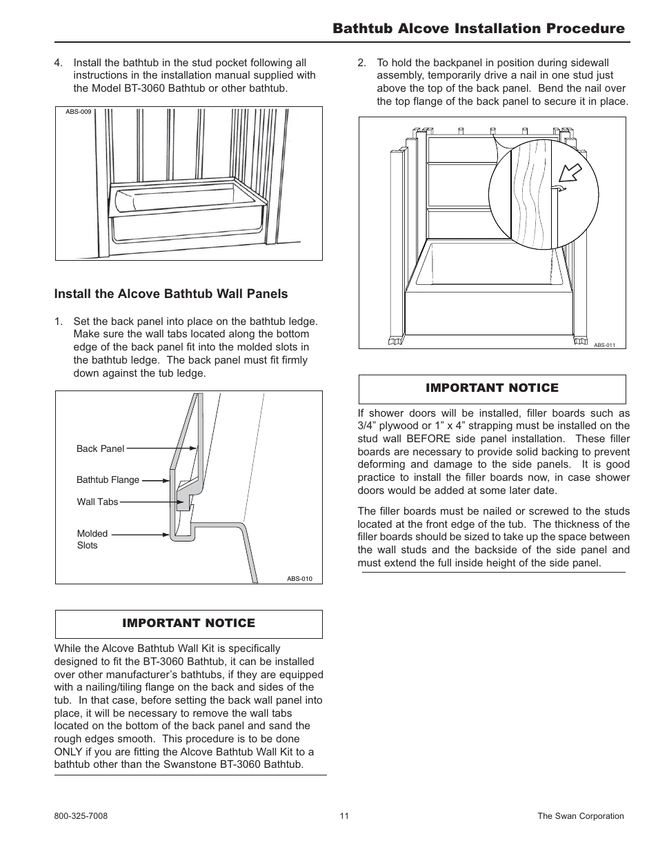 Bathtub alcove installation procedure, Install the alcove bathtub wall panels | Swanstone SA-38 NEO - Installation User Manual | Page 11 / 28