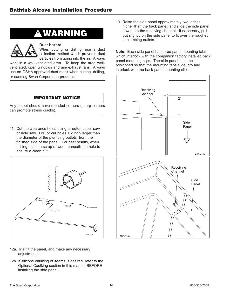 Warning, Bathtub alcove installation procedure | Swanstone SA-38 NEO - Installation User Manual | Page 14 / 28