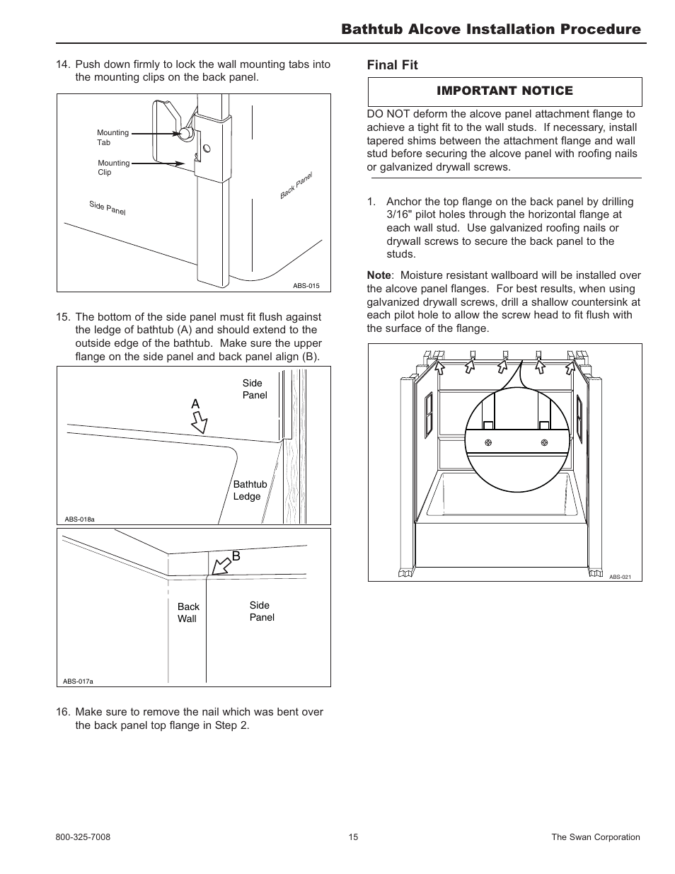 Bathtub alcove installation procedure, Final fit, Important notice | Swanstone SA-38 NEO - Installation User Manual | Page 15 / 28