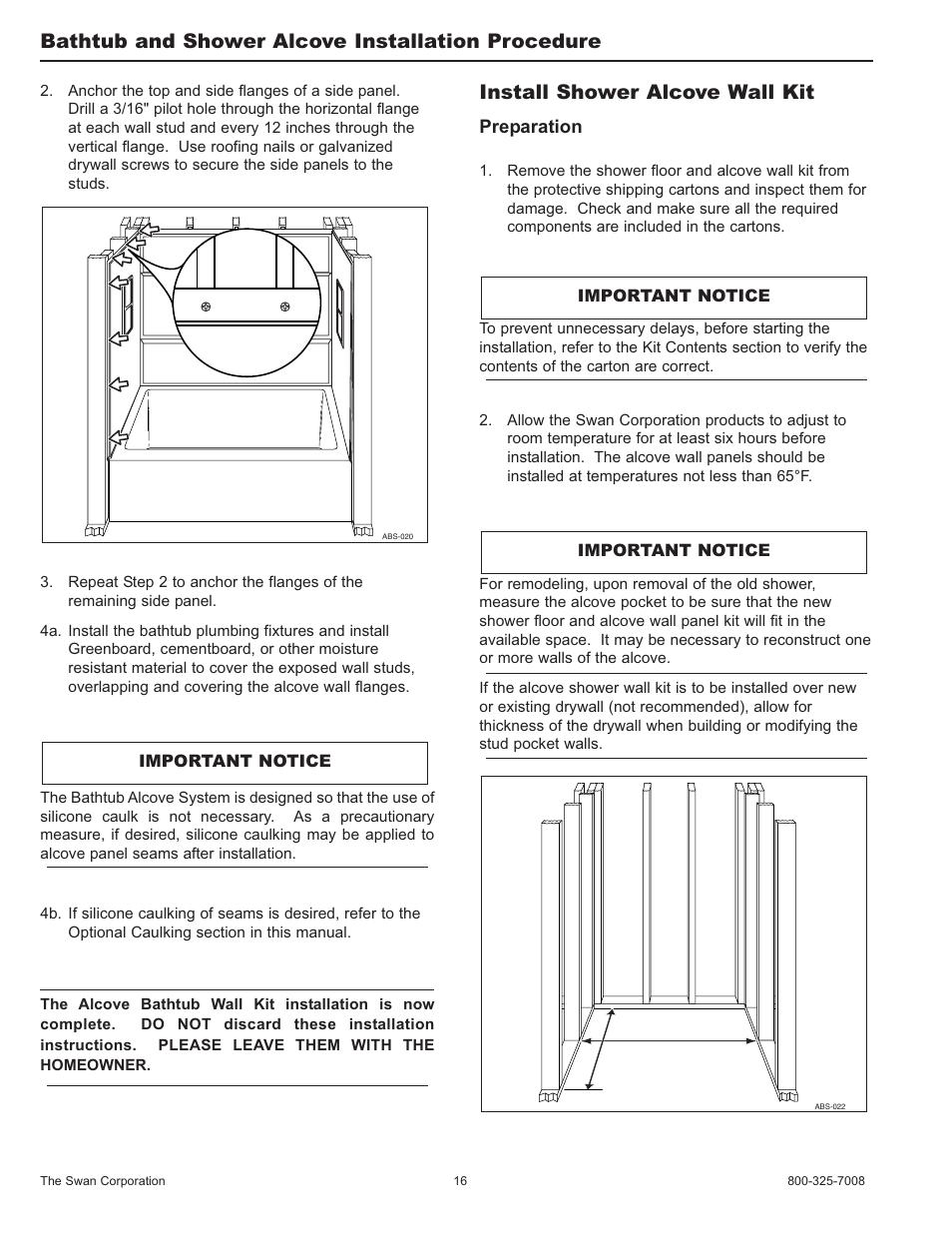 Install shower alcove wall kit, Bathtub and shower alcove installation procedure | Swanstone SA-38 NEO - Installation User Manual | Page 16 / 28