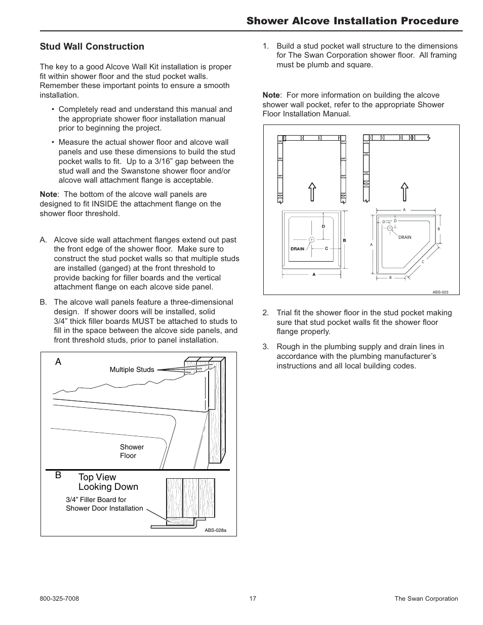 Shower alcove installation procedure, Stud wall construction, Ab top view looking down | Swanstone SA-38 NEO - Installation User Manual | Page 17 / 28