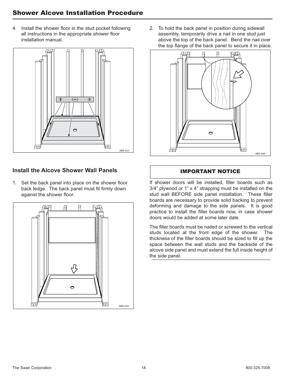 Shower alcove installation procedure, Install the alcove shower wall panels | Swanstone SA-38 NEO - Installation User Manual | Page 18 / 28