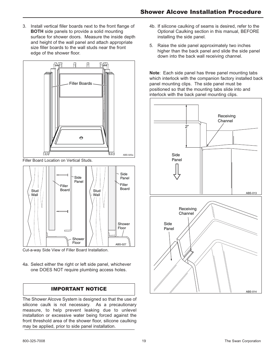 Shower alcove installation procedure, Important notice | Swanstone SA-38 NEO - Installation User Manual | Page 19 / 28