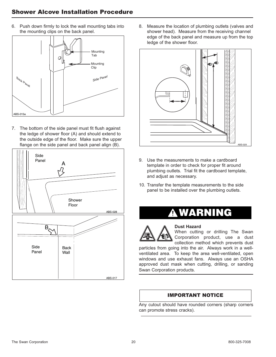 Warning, Shower alcove installation procedure | Swanstone SA-38 NEO - Installation User Manual | Page 20 / 28