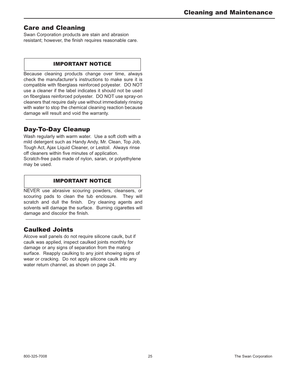 Care and cleaning, Day-to-day cleanup, Caulked joints | Cleaning and maintenance | Swanstone SA-38 NEO - Installation User Manual | Page 25 / 28