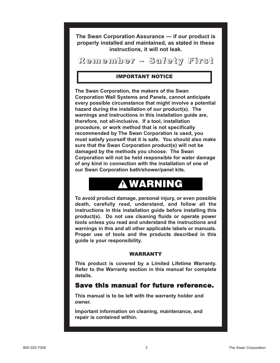 Warning | Swanstone SA-38 NEO - Installation User Manual | Page 3 / 28