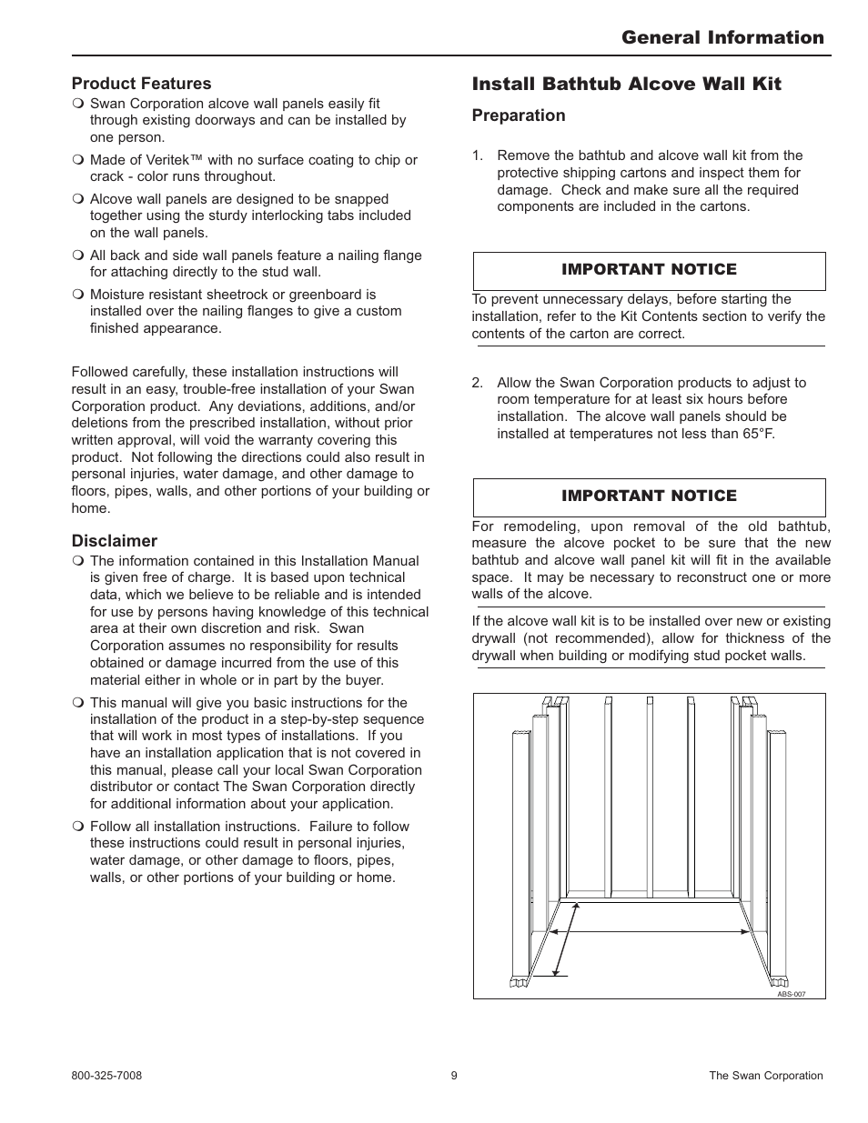 Install bathtub alcove wall kit, General information | Swanstone SA-38 NEO - Installation User Manual | Page 9 / 28