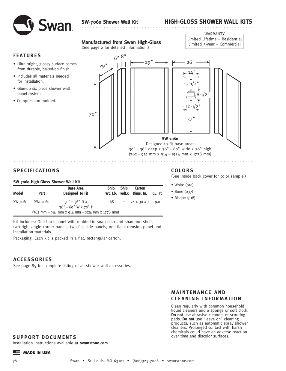 Swanstone SW-7060 - Specification User Manual | 1 page