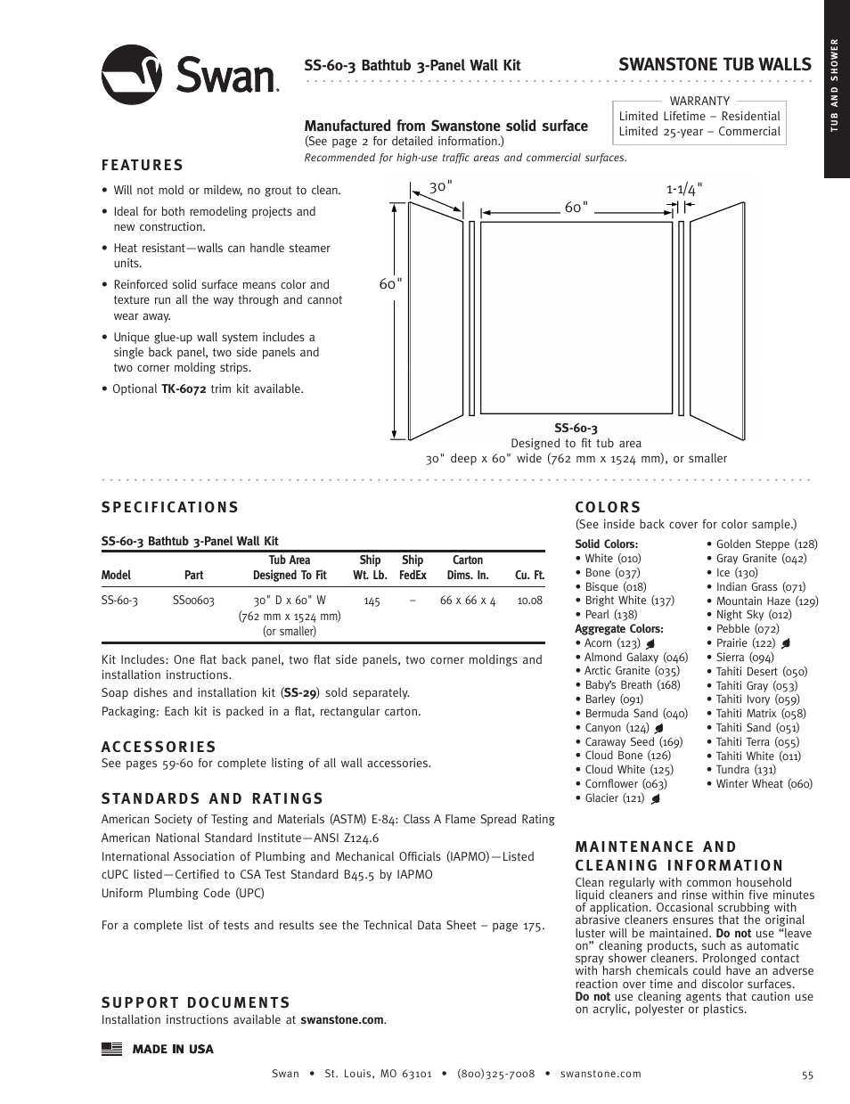 Swanstone SS-60-3 - Specification User Manual | 1 page