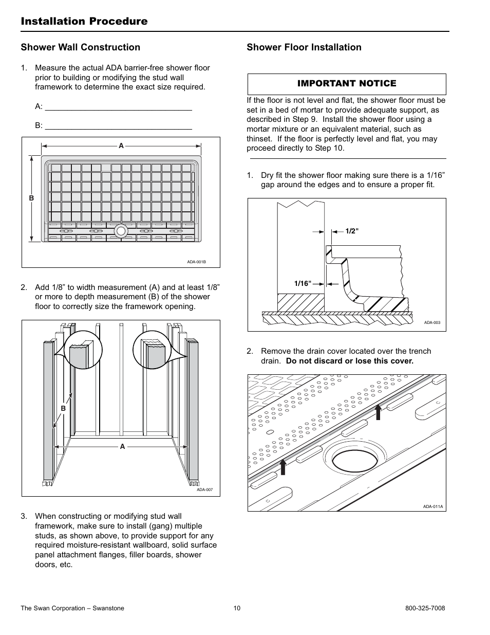 Installation procedure, Shower wall construction, Shower floor installation | Swanstone SBF-3464 - Installation User Manual | Page 10 / 20