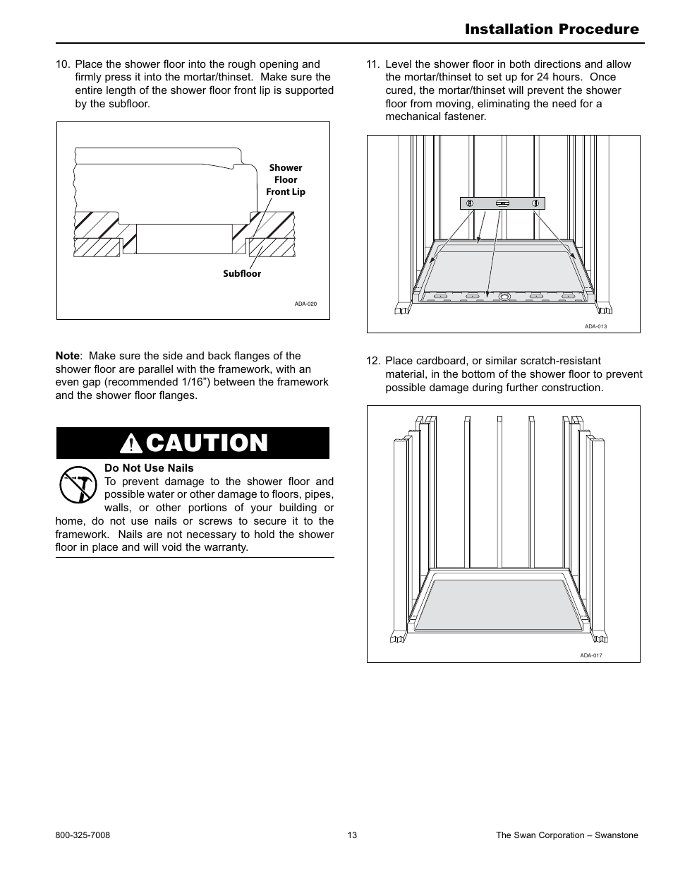 Caution, Installation procedure | Swanstone SBF-3464 - Installation User Manual | Page 13 / 20