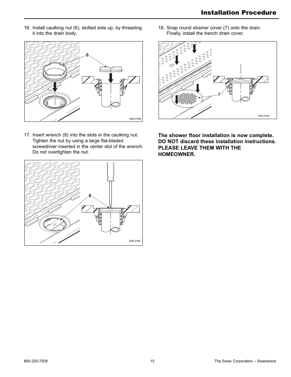 Installation procedure | Swanstone SBF-3464 - Installation User Manual | Page 15 / 20