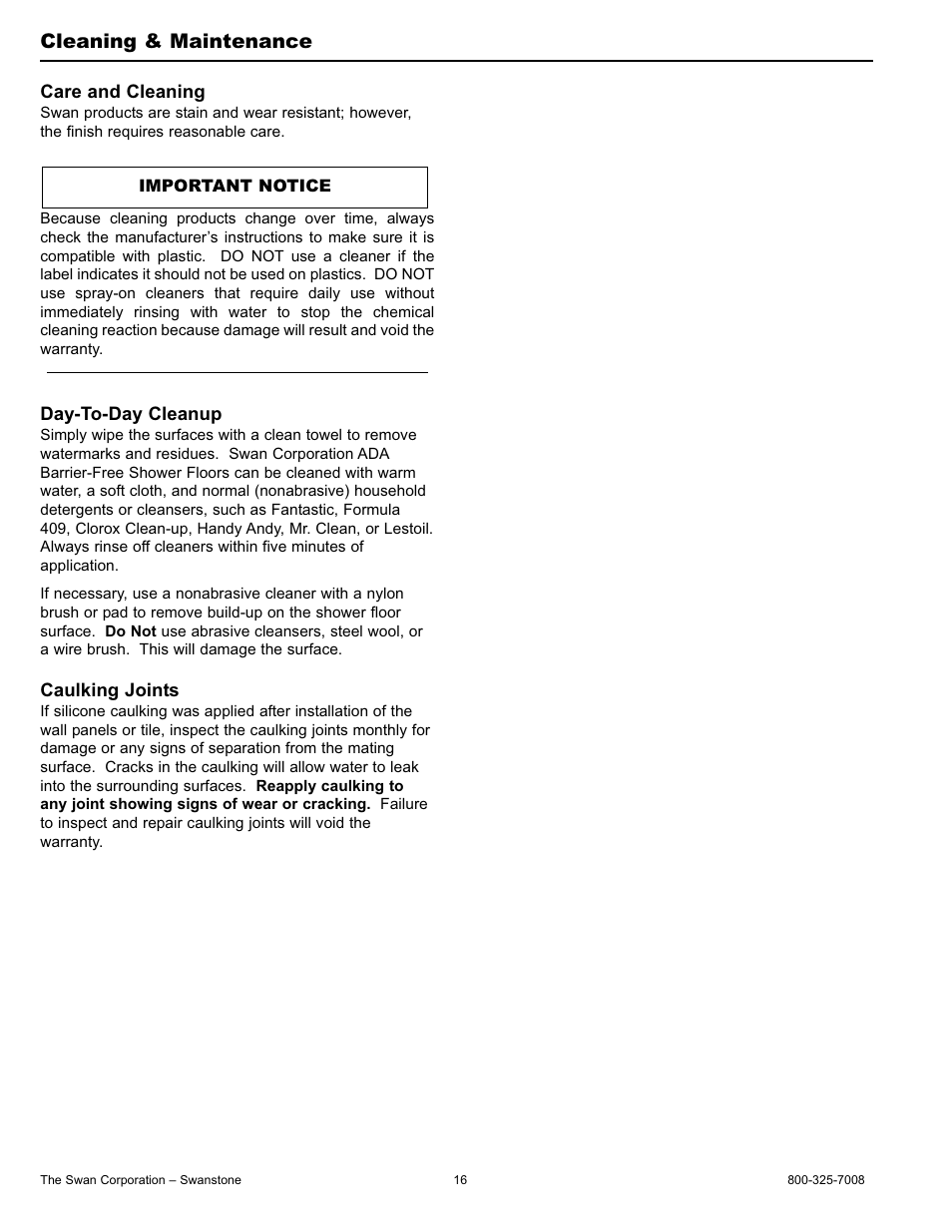 Cleaning & maintenance | Swanstone SBF-3464 - Installation User Manual | Page 16 / 20