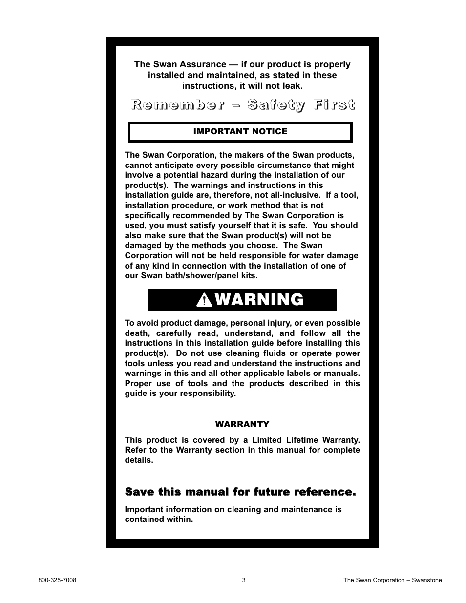 Warning | Swanstone SBF-3464 - Installation User Manual | Page 3 / 20