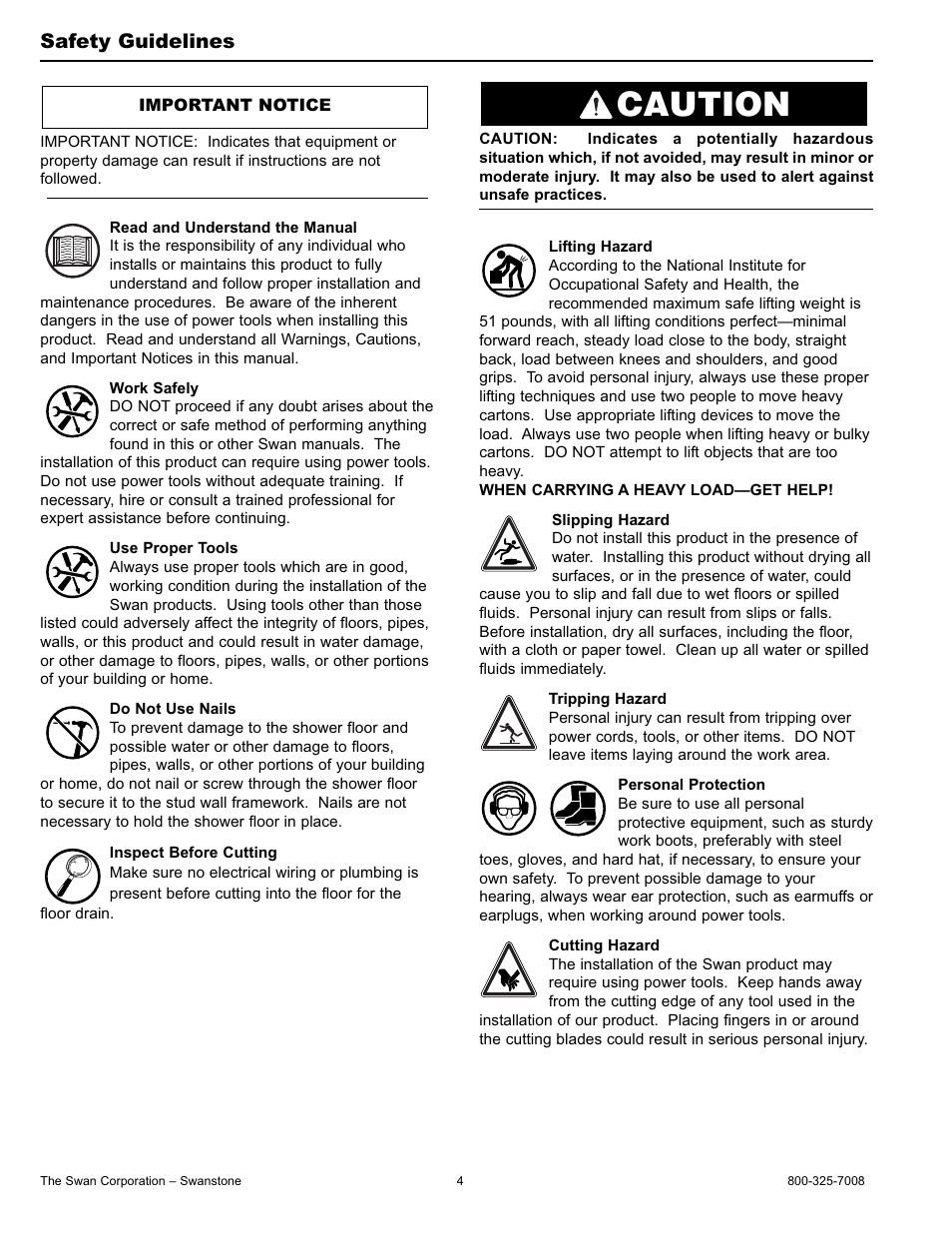 Caution, Safety guidelines | Swanstone SBF-3464 - Installation User Manual | Page 4 / 20