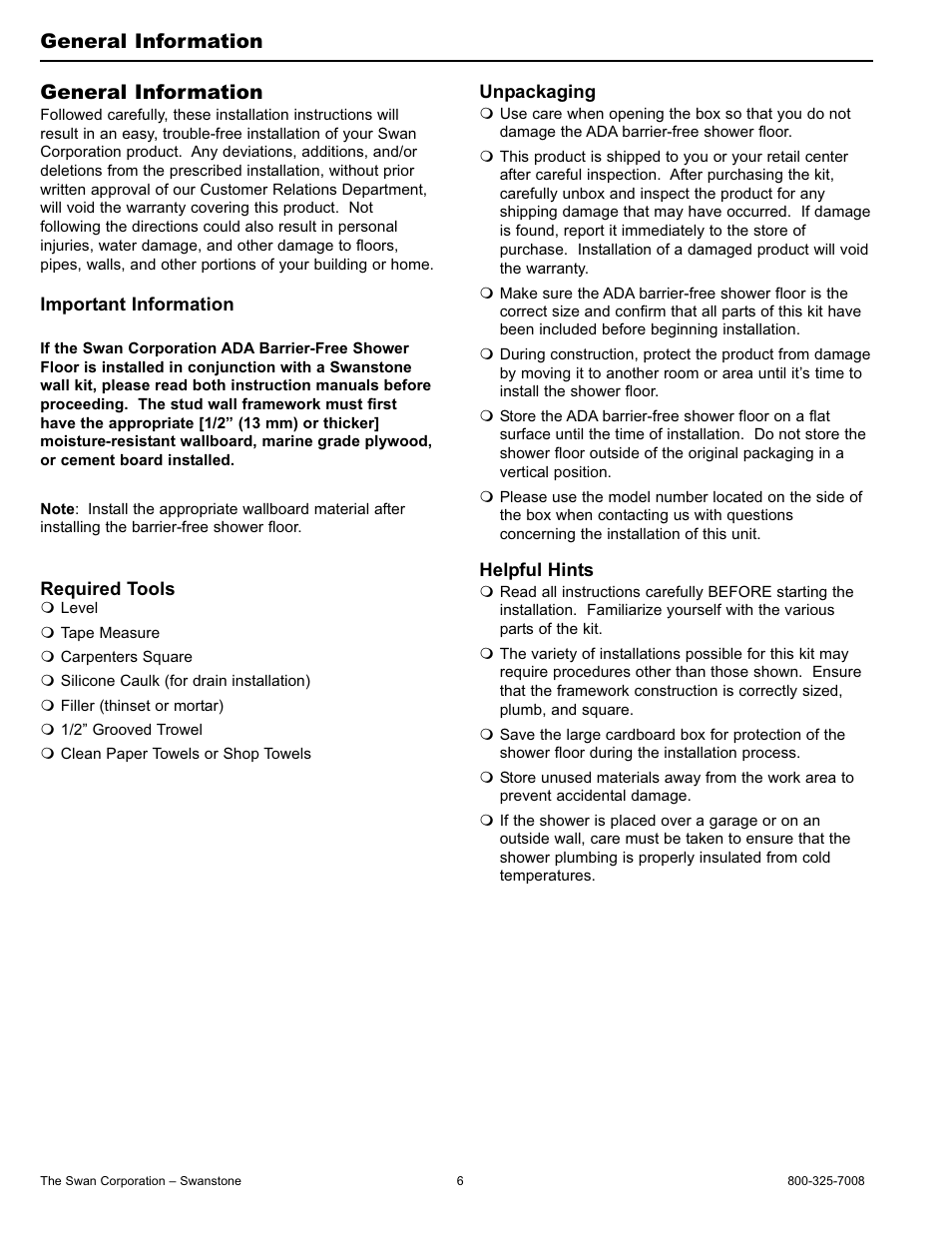 General information | Swanstone SBF-3464 - Installation User Manual | Page 6 / 20