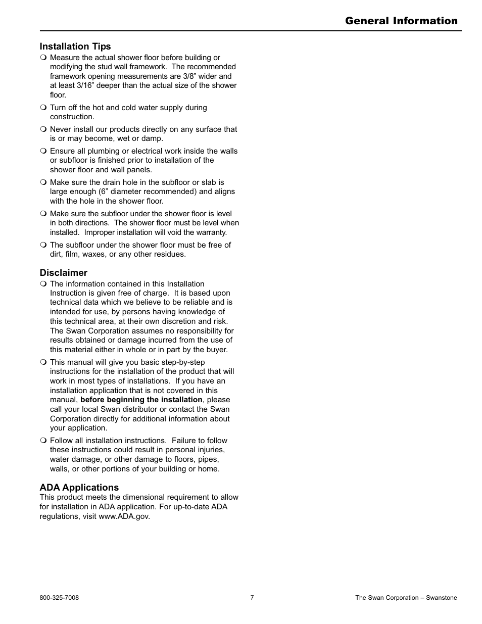 General information | Swanstone SBF-3464 - Installation User Manual | Page 7 / 20