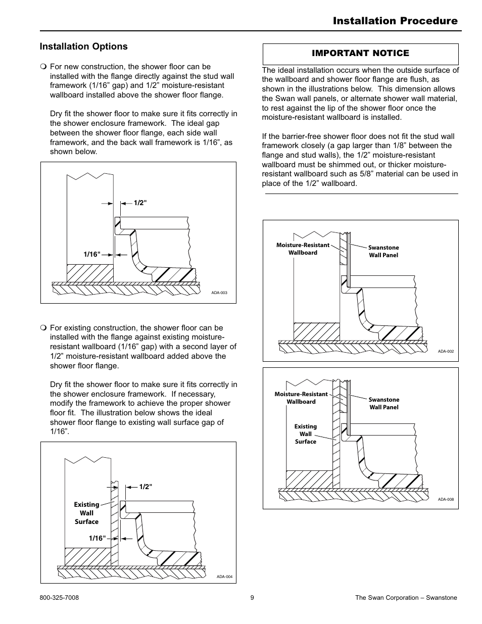 Installation procedure, Installation options, Important notice | Swanstone SBF-3464 - Installation User Manual | Page 9 / 20