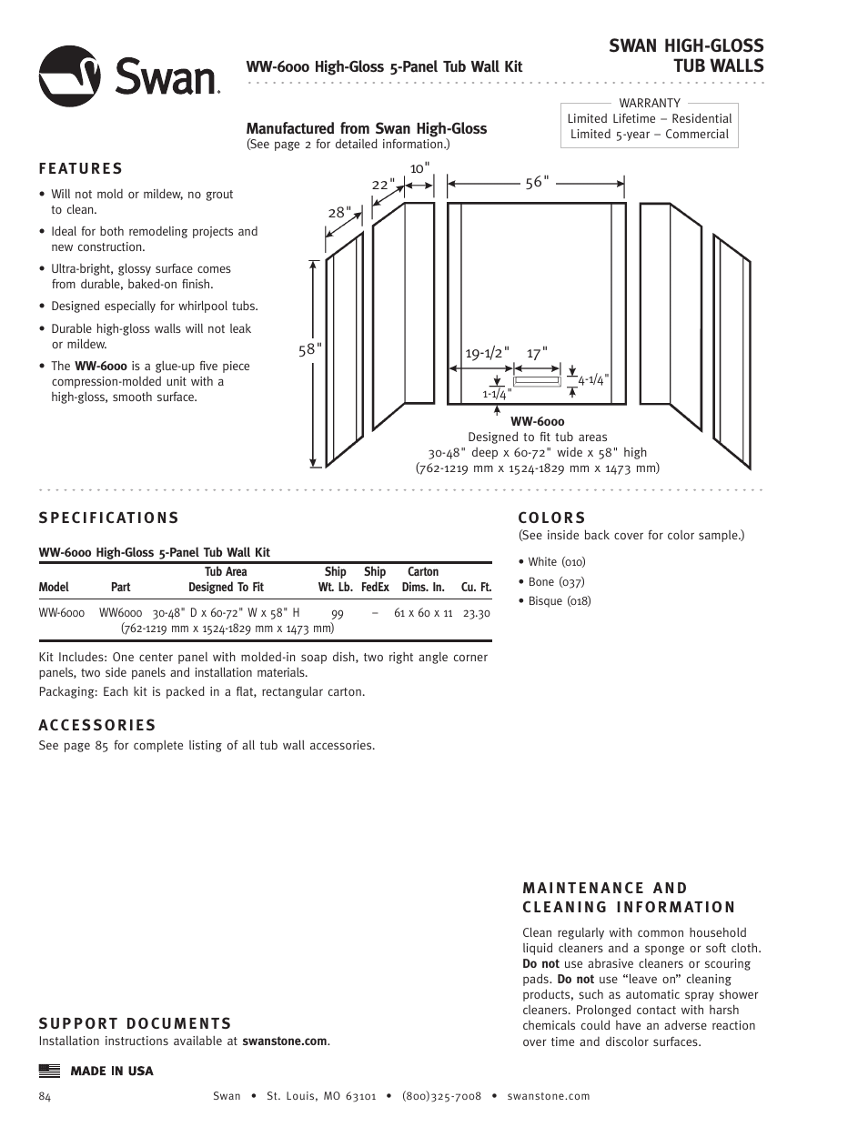 Swanstone WW-6000 - Specification User Manual | 1 page