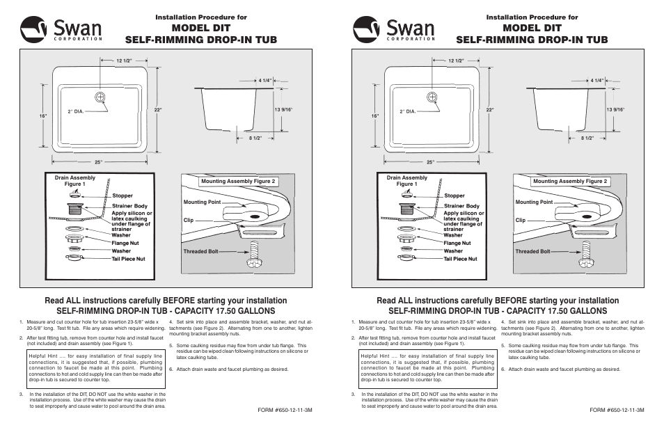 Swanstone DIT - Installation User Manual | 1 page