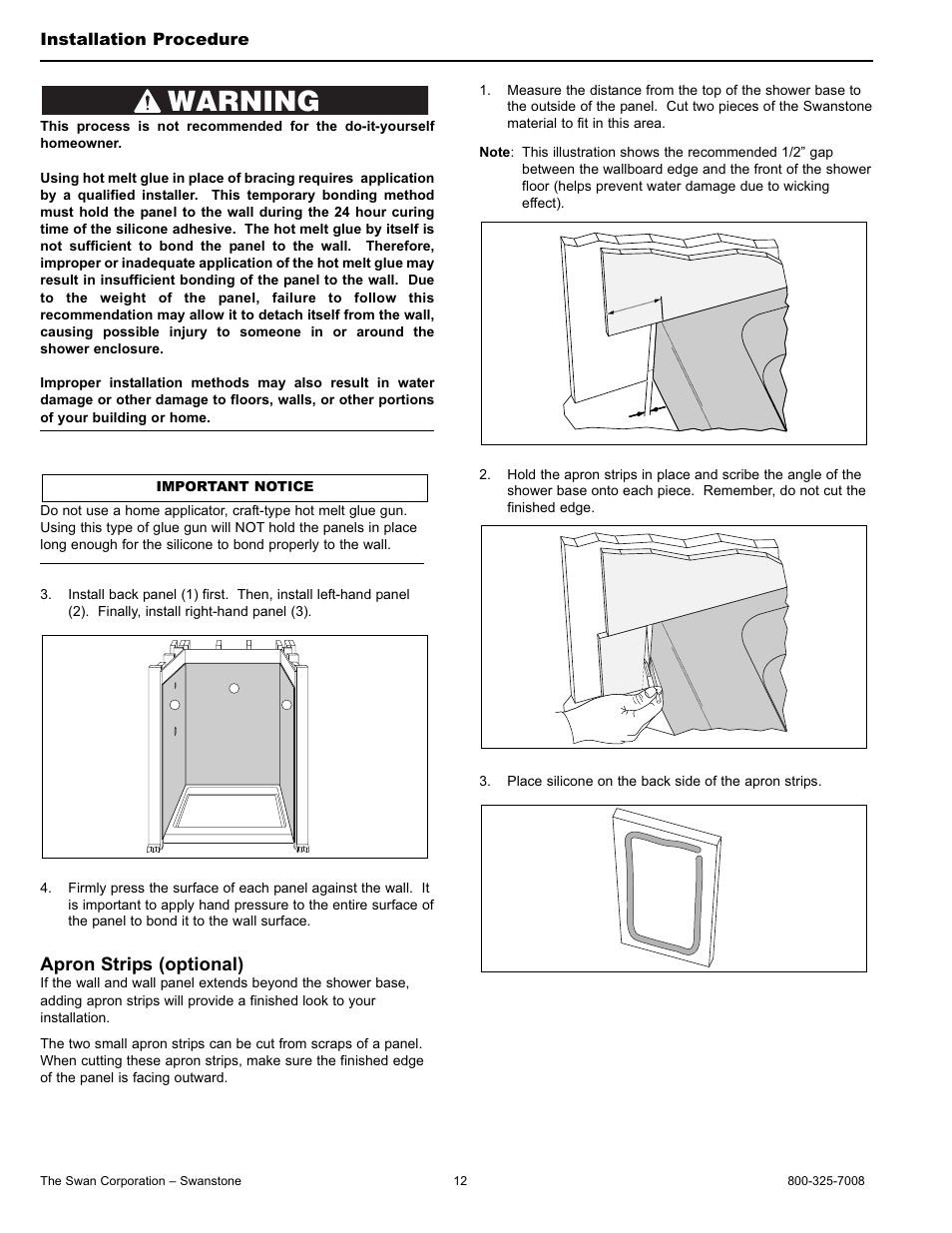 Warning, Apron strips (optional) | Swanstone STMK96-(xxxx) - Installation User Manual | Page 12 / 20